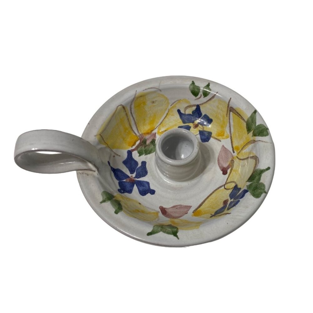 Vintage Hand-Painted Chamberstick Candle Holder Ceramic Redware Floral
